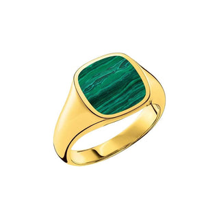 Thomas Sabo gold-plated signet ring featuring a unique green imitation malachite inlay in 925 sterling silver.