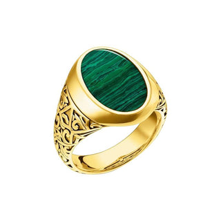Thomas Sabo gold-plated signet ring featuring an oval imitation malachite inlay and intricate acanthus leaf engravings.