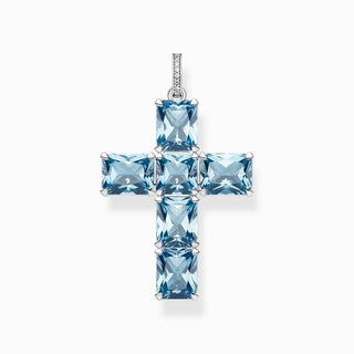 Thomas Sabo Pendant Cross with Aquamarine-Coloured Stones - Silver