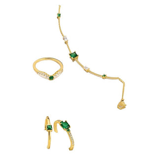 Gold-plated Thomas Sabo ring featuring a princess-cut emerald green stone and sparkling white pavé zirconia accents.