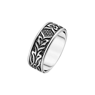 Thomas Sabo tiger-patterned signet ring in blackened 925 Sterling silver with intricate engraved detailing.