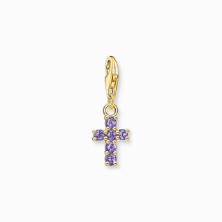 Thomas Sabo Charm Pendant - Cross with Amethyst-Coloured Stones Yellow-Gold Plated