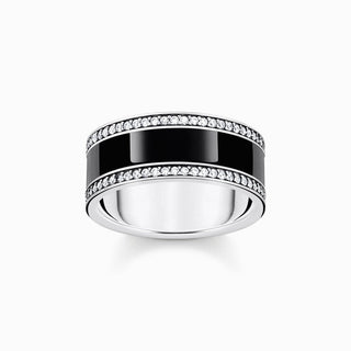 Thomas Sabo Silver Blackened Band Ring with Black cold Enamel and Zirconia